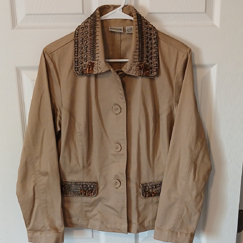 Chicos size 1 Beige Embellished Women's Jacket Full button down.